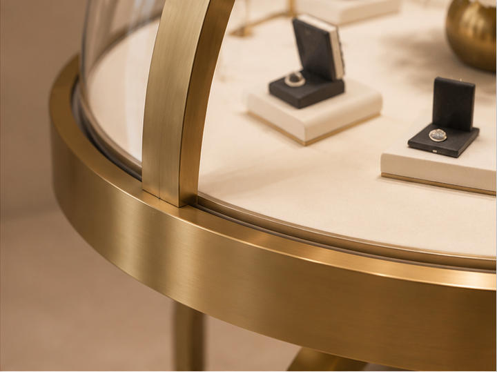 Round Dome Jewelry Display Table | Gold Framed Showcase 8 Gold frame, glass dome and arched legs material details